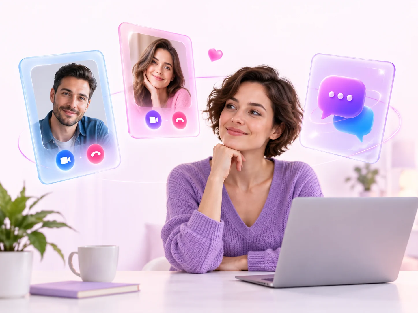 A woman comparing three floating video chat options at her laptop
