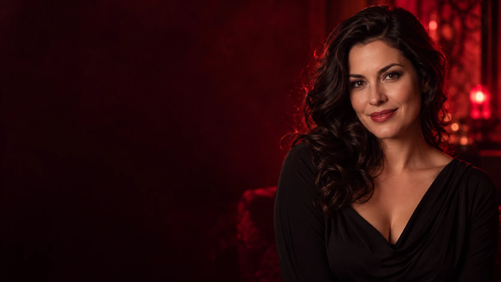 An adult woman in cinematic ruby-red lighting