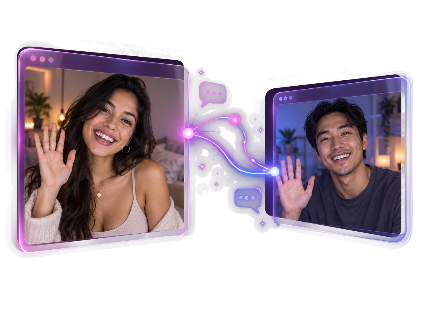Two adults waving in video windows connected by a glowing random path
