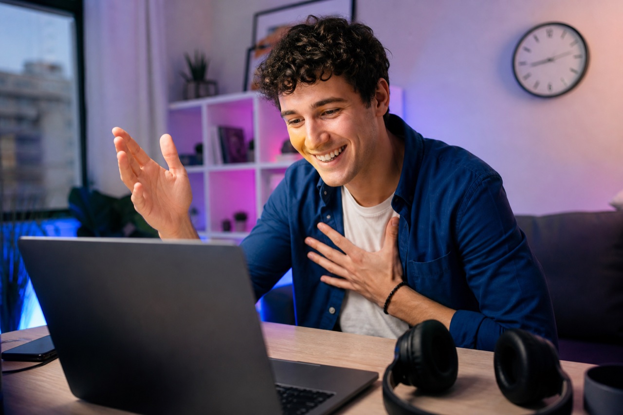 An adult man gesturing during a lively online video conversation with a clock in the background