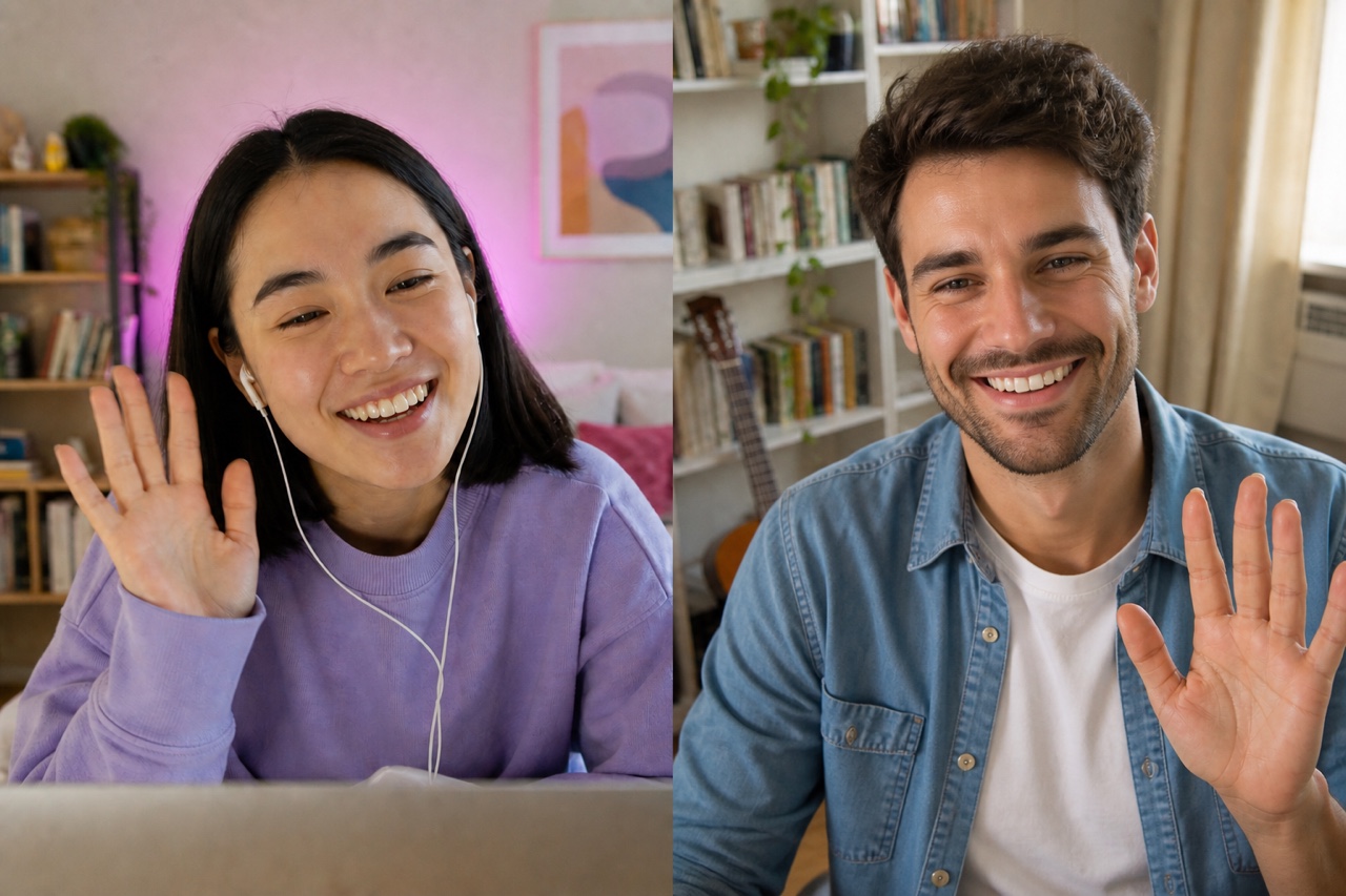 An adult woman and man greeting each other during a friendly private video call