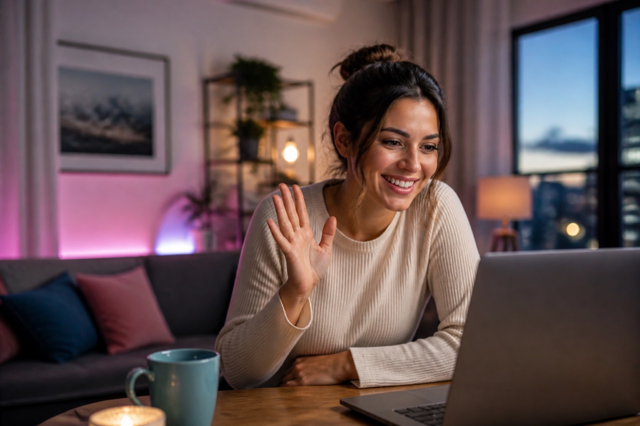 An adult woman waving during a relaxed evening video conversation at home
