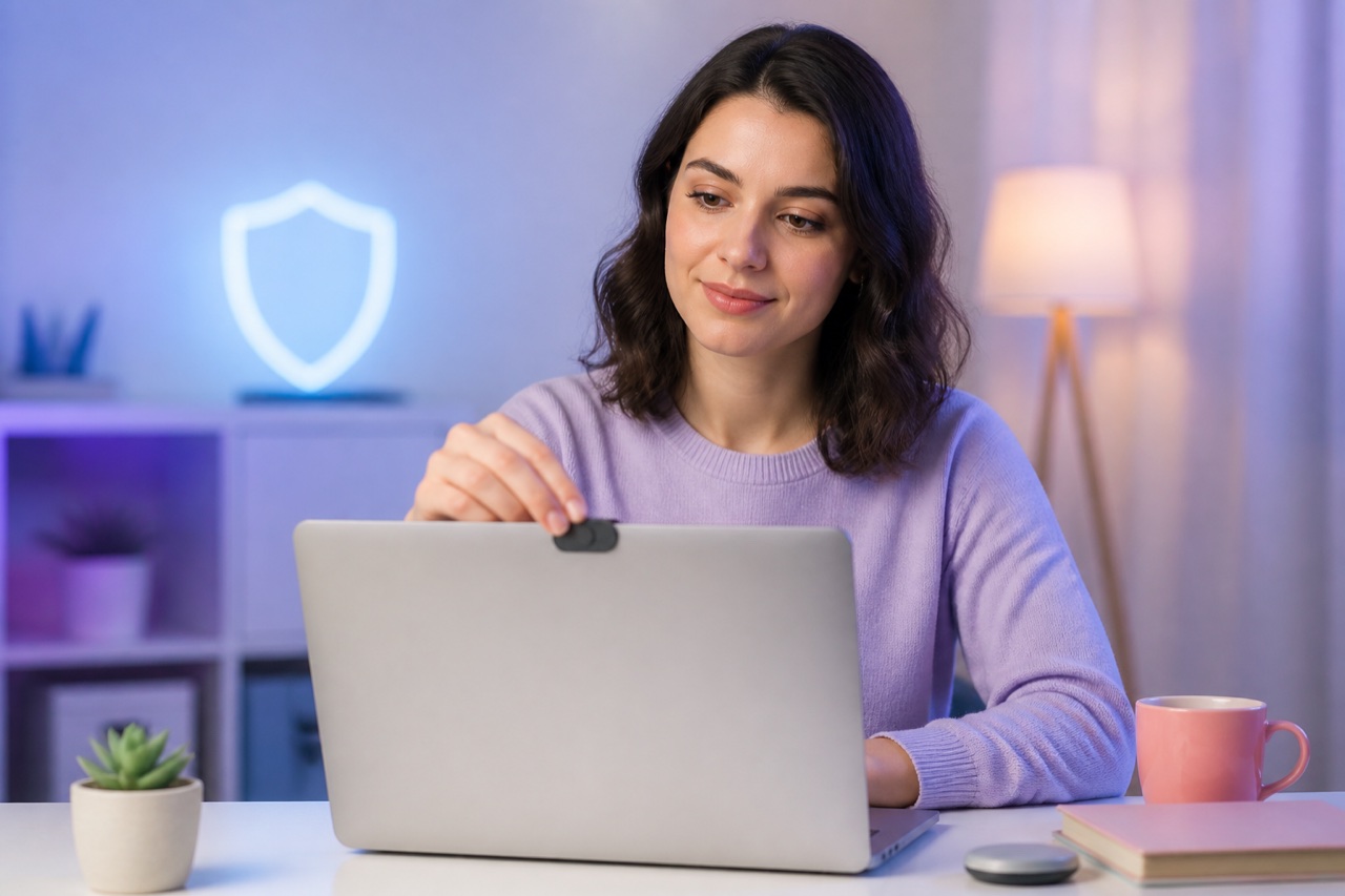 An adult woman checking a webcam privacy cover before an online video call