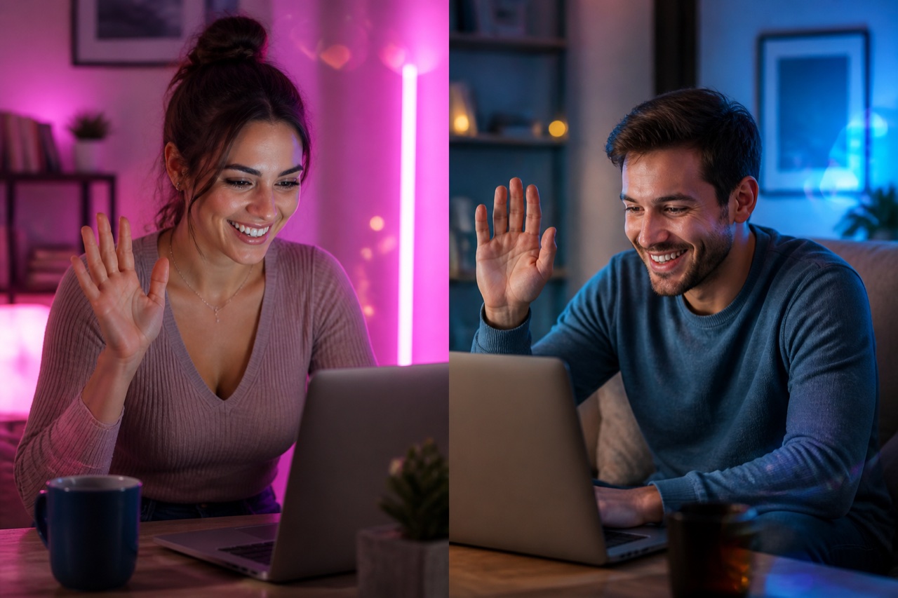 Two adults greeting each other during a friendly real-time online video chat