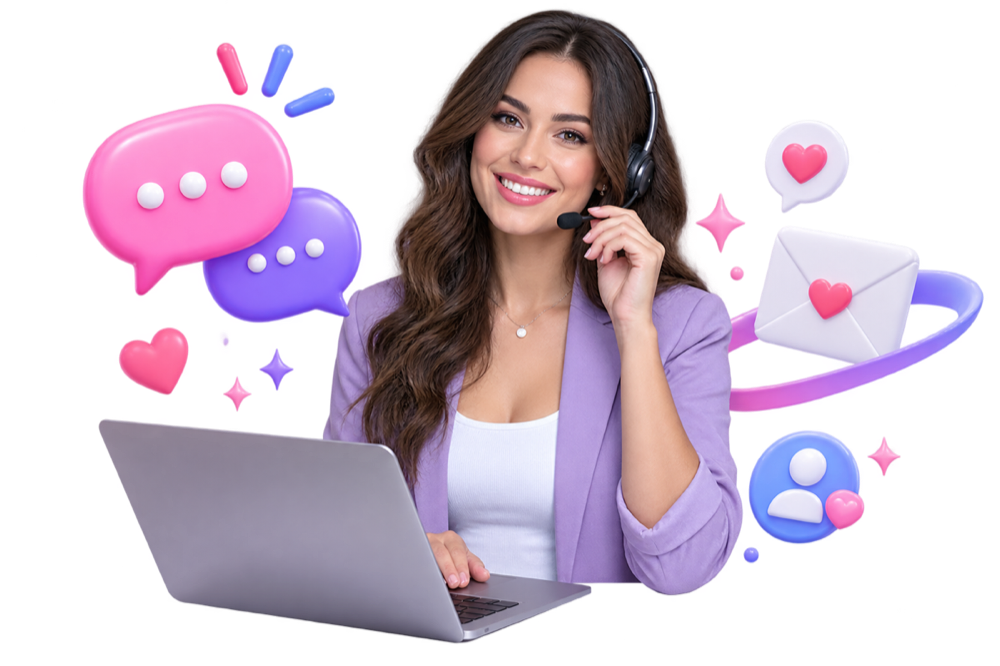 A real support specialist surrounded by friendly communication symbols