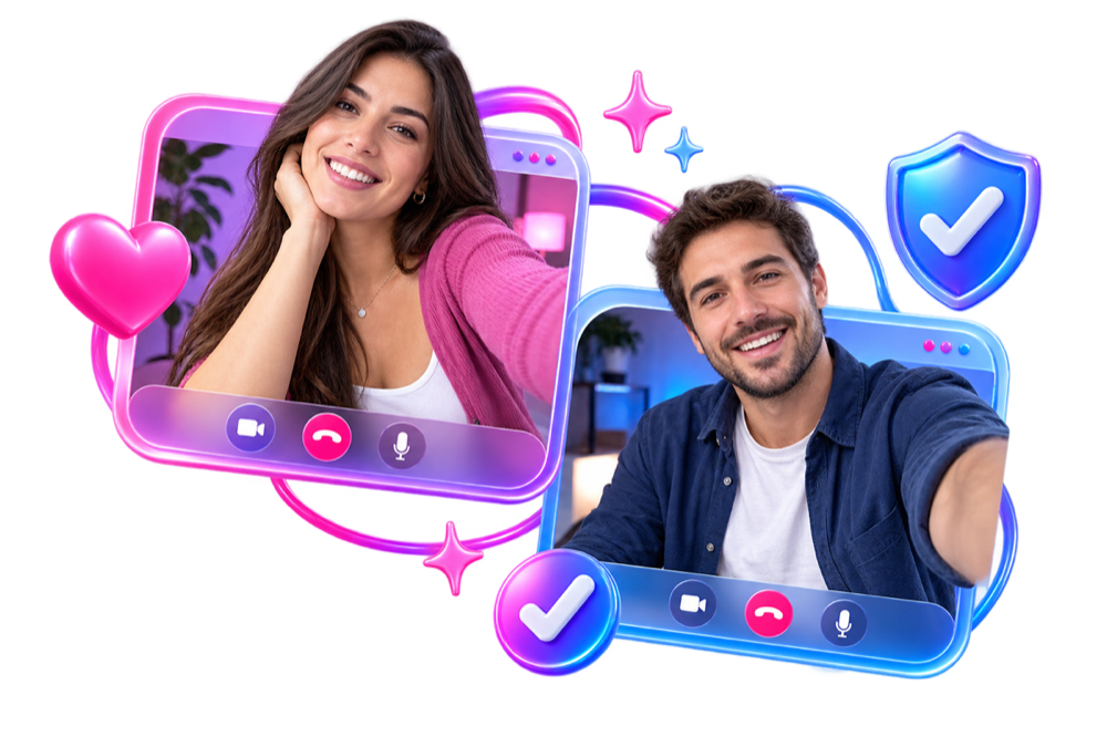 Real adults in floating video windows with comparison and safety symbols