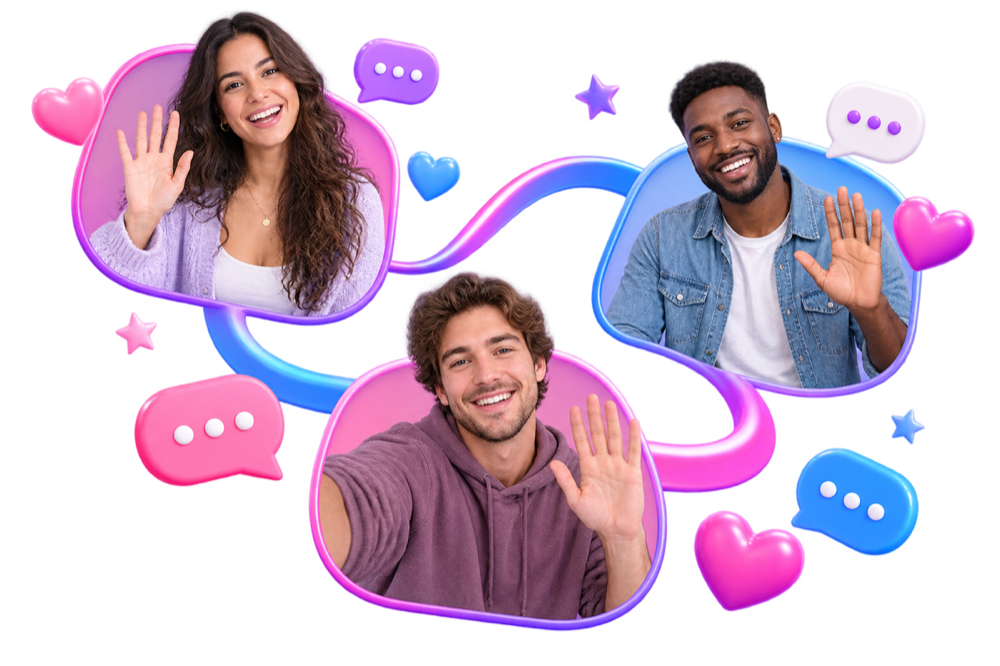 Real adults connected by floating chat bubbles and friendship symbols