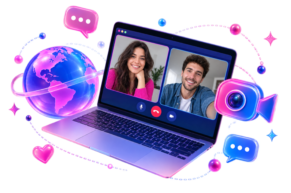 Real adults in a browser video call with global connection symbols
