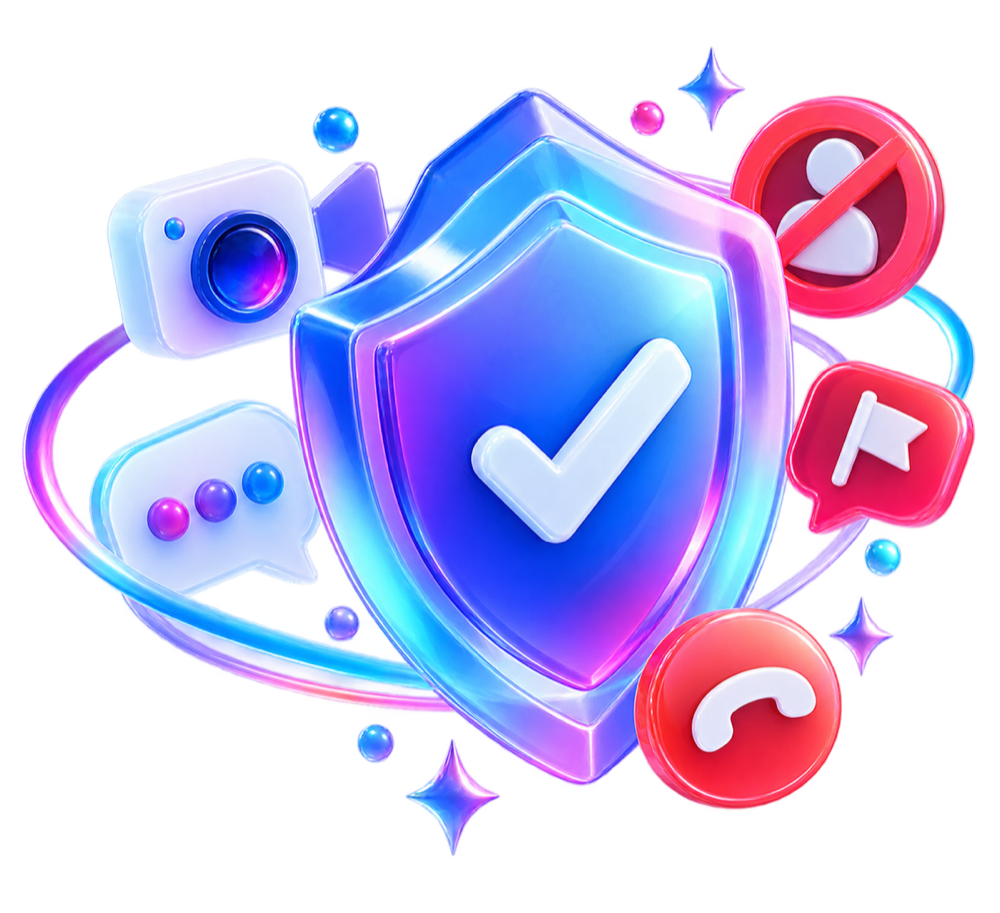 A floating shield with video chat safety and reporting controls