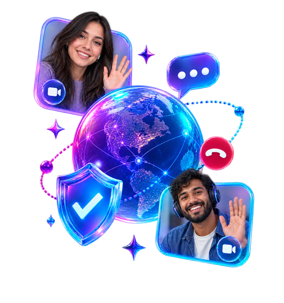 Real adults connected around a globe with safety and call controls