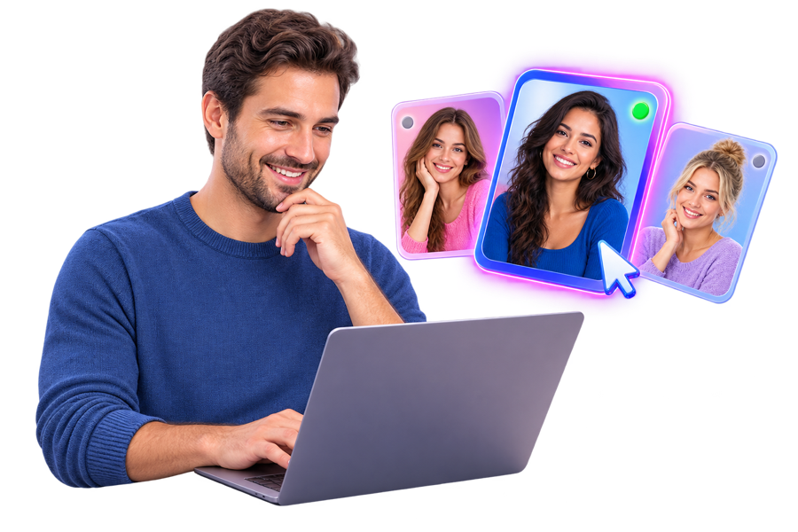 A man browsing available people before choosing a video call