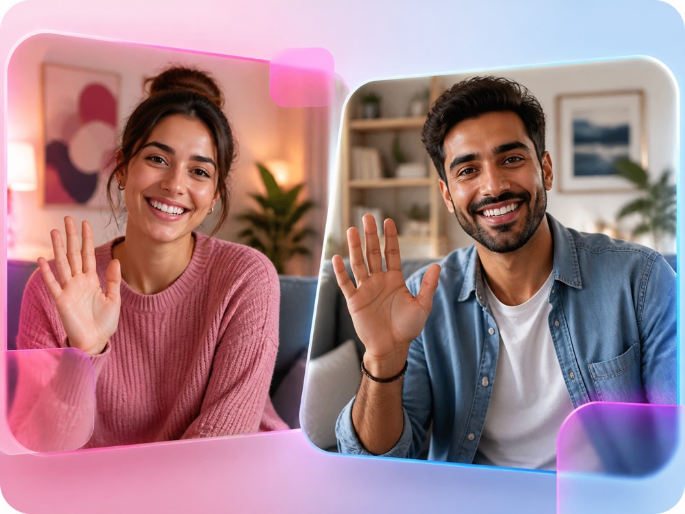 Two adults greeting each other in a friendly one-to-one video call